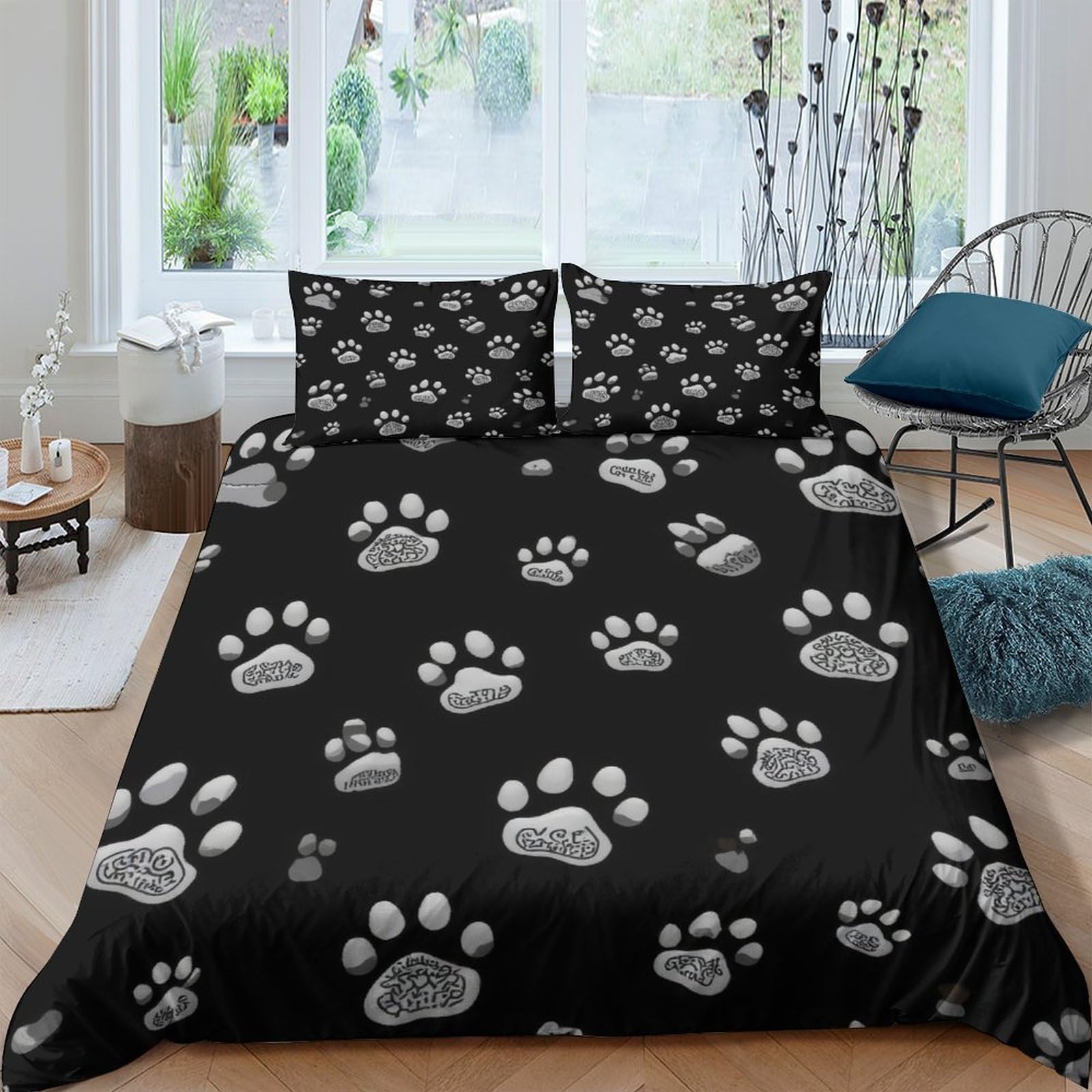 GPLZQXKJNH 3D Printed Paw Print Duvet Cover Set Microfiber Soft Breathable Black Bedding Set with 2 Pillowcases for Bedroom Decor Single（135x200cm）