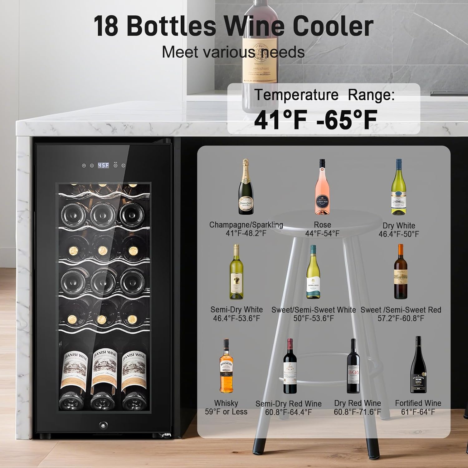 Tylza 18 Bottles Wine Fridge, Wine Cellar with Powerful Compressor, LED Touchscreen, Low-E Tempered Glass Door, Lock, Wine Cooler Refrigerator for Red, White, Champagne or Sparkling Wine, Black