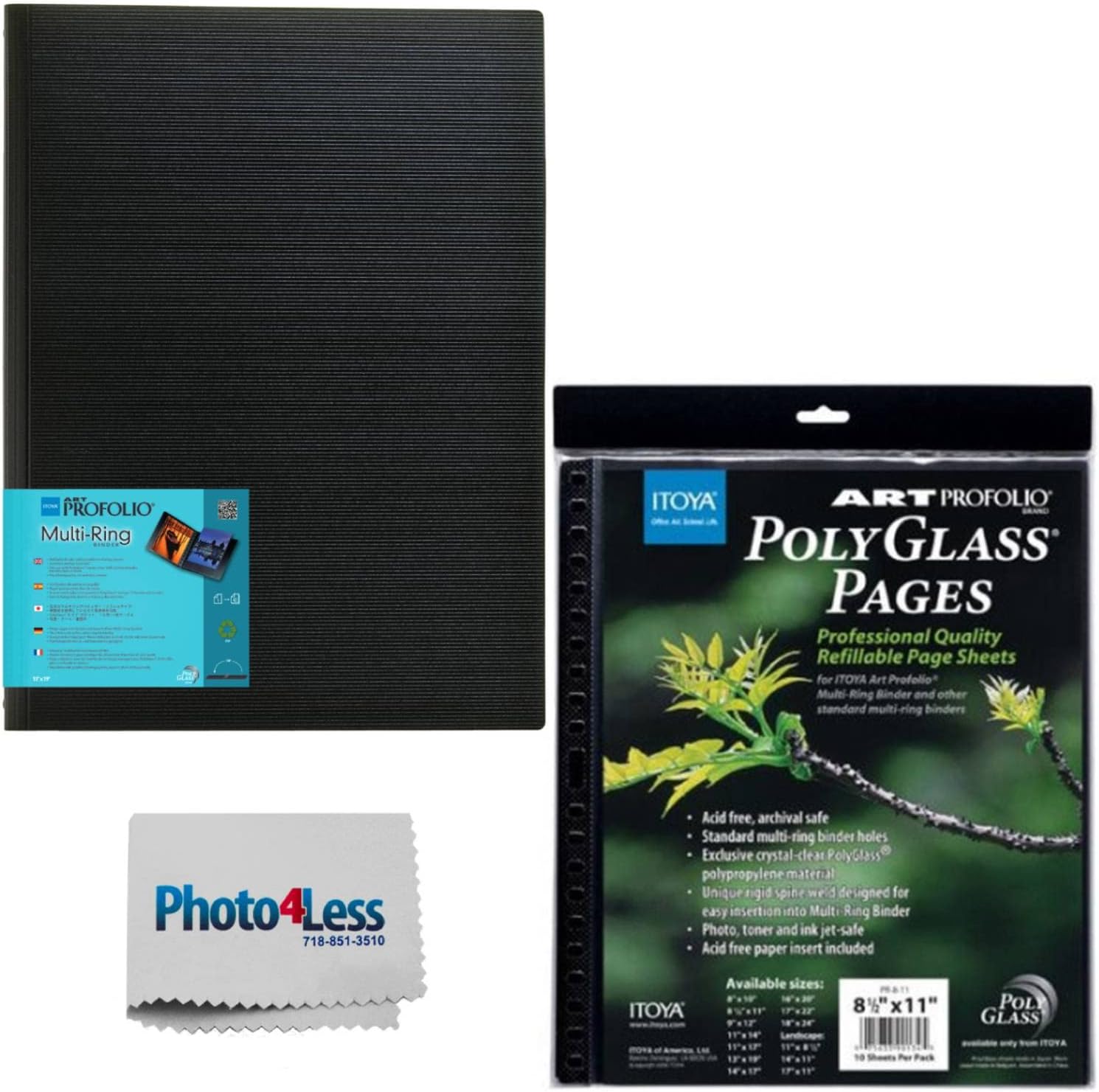 Itoya Art Portfolio Multi-Ring Refillable Binder (13 x 19") RB1319 + Itoya Art Portfolio Polyglass Refill Pages 13x19 + Photo4Less Cleaning Cloth + Deluxe Presentation Bundle
