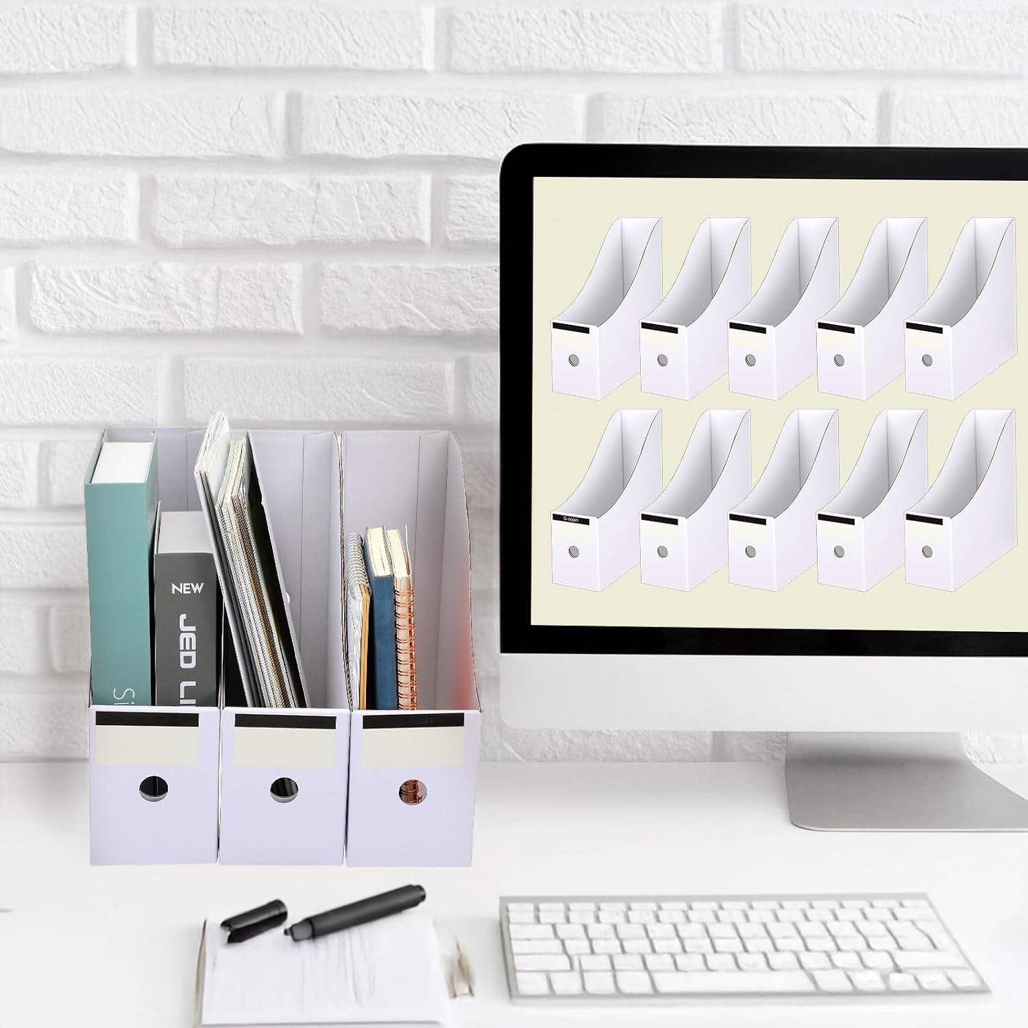 25 Pcs Cardboard Magazine File Holders Magazine Book Bin Box with Label Sticker Paper Organizer Storage Folder for Desk Shelves School Classroom Office Supplies(Classic,White)