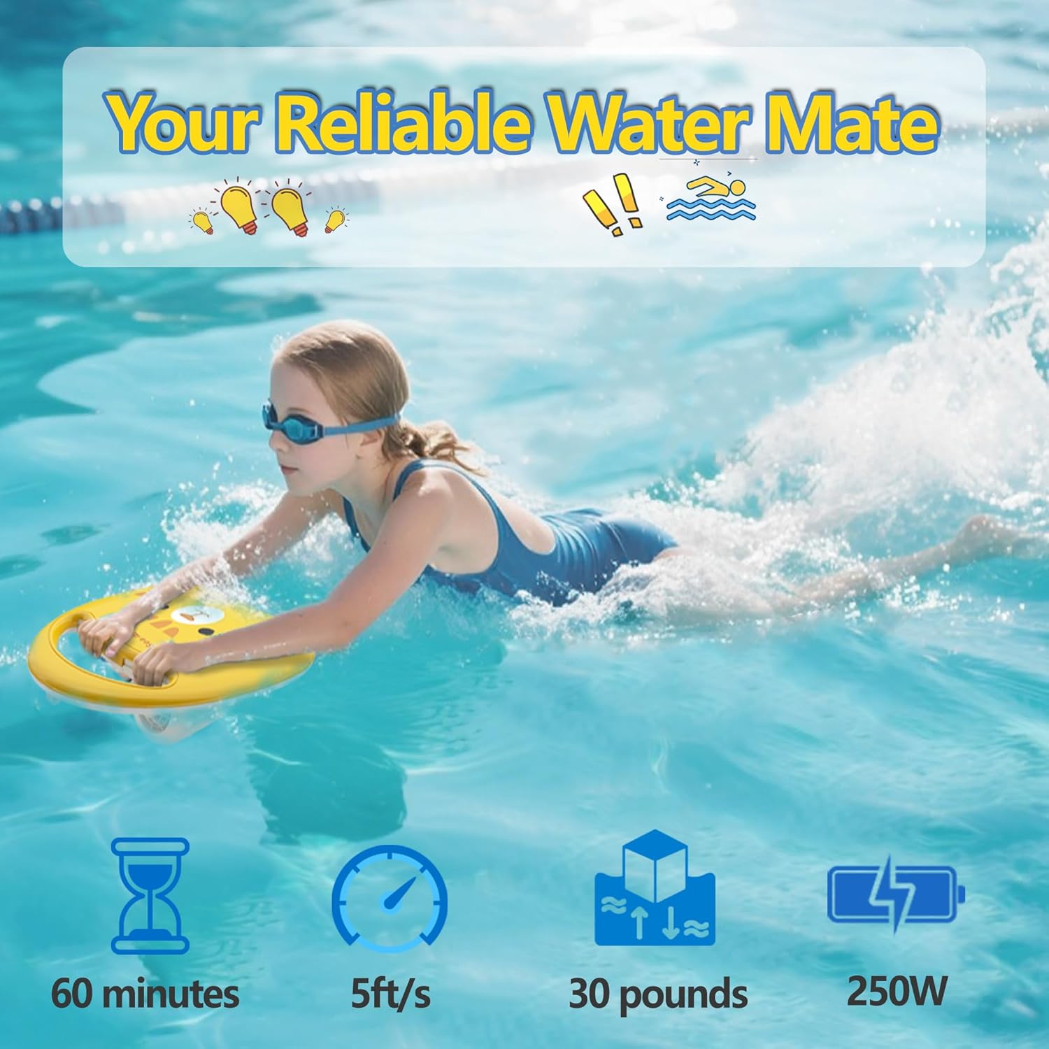 Electronic Swim Kickboard, Underwater Scooter Surfboard Underwater Scooter Portable Swimming Kickboard with Safety Lock for Kids Adults Water Sports