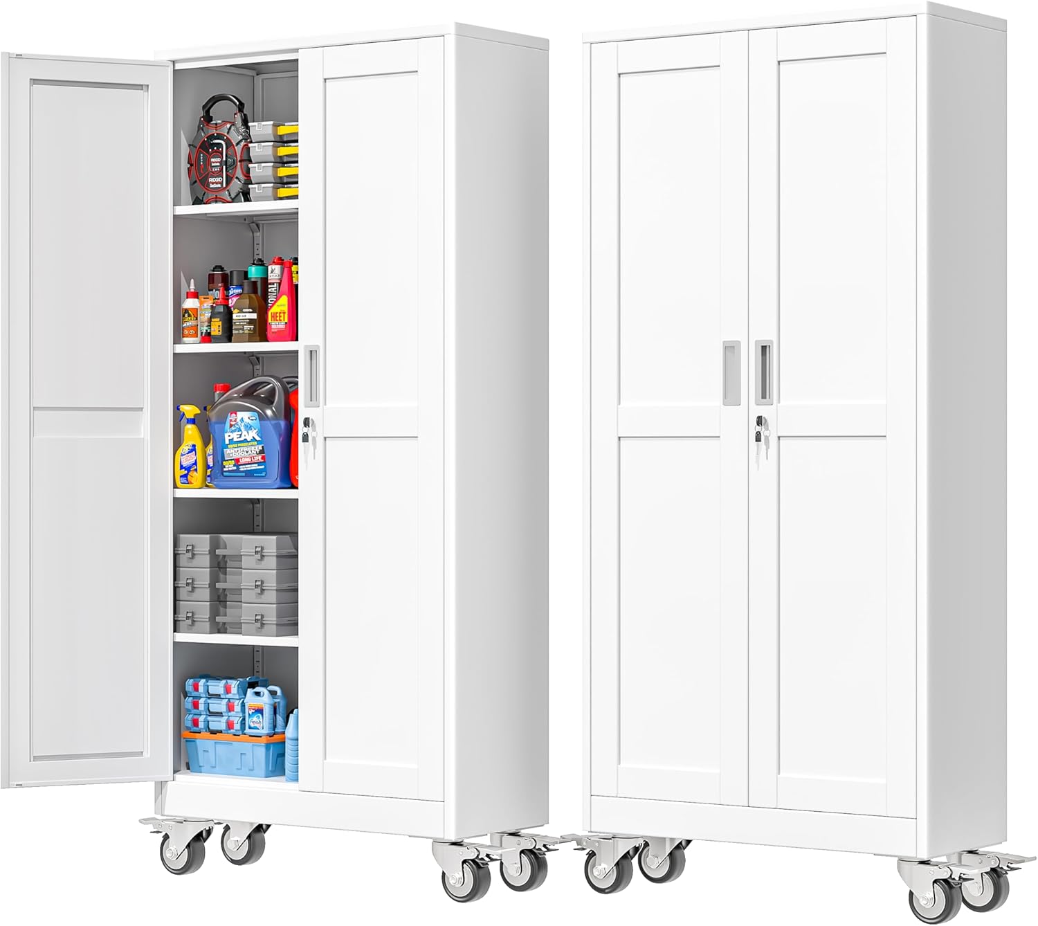 PAOFIN 71"H Tall Metal Garage Storage Cabinet with Wheels, Lockable Doors & 4 Adjustable Shelves - White Steel File Cabinet