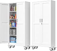 PAOFIN 71"H Tall Metal Garage Storage Cabinet with Wheels, Lockable Doors & 4 Adjustable Shelves - White Steel File Cabinet