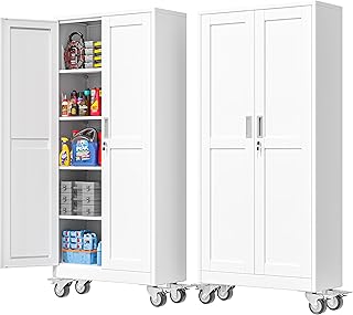 PAOFIN 71''H Tall Metal Garage Storage Cabinet with Wheels,Steel File Cabinets with 2 Doors and 4 Adjustable Shelves for Home Office, Warehouse, Required Assembly,White