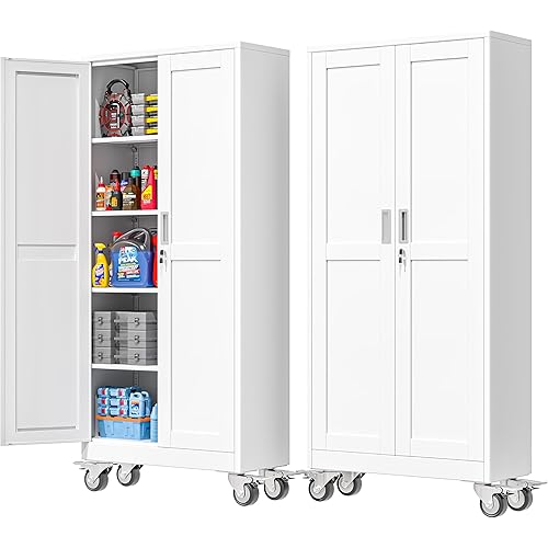 71''H Tall Metal Garage Storage Cabinet with Wheels,Steel File Cabinets with 2 Doors and 4 Adjustable Shelves for Home Office, Warehouse, Required Assembly,White