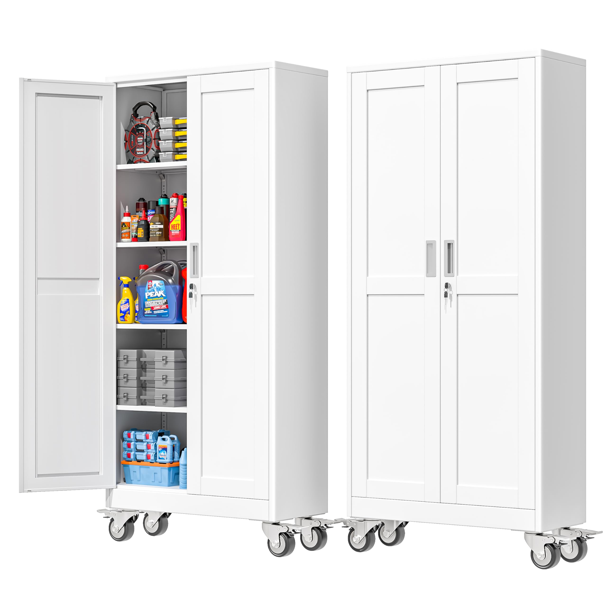 PAOFIN 71''H Tall Metal Garage Storage Cabinet with Wheels,Steel File Cabinets with 2 Doors and 4 Adjustable Shelves for Home Office, Warehouse, Required Assembly,White