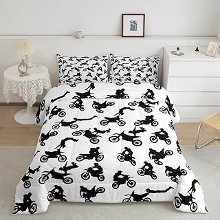 Castle Fairy Motorcycle Comforter Set Twin Size,Motocross Rider Print Extreme Sports Bedding Set for Kids Boys Men,Dirt Bike Motorbike Black Quilted Duvet Set with 1 Pillowcase