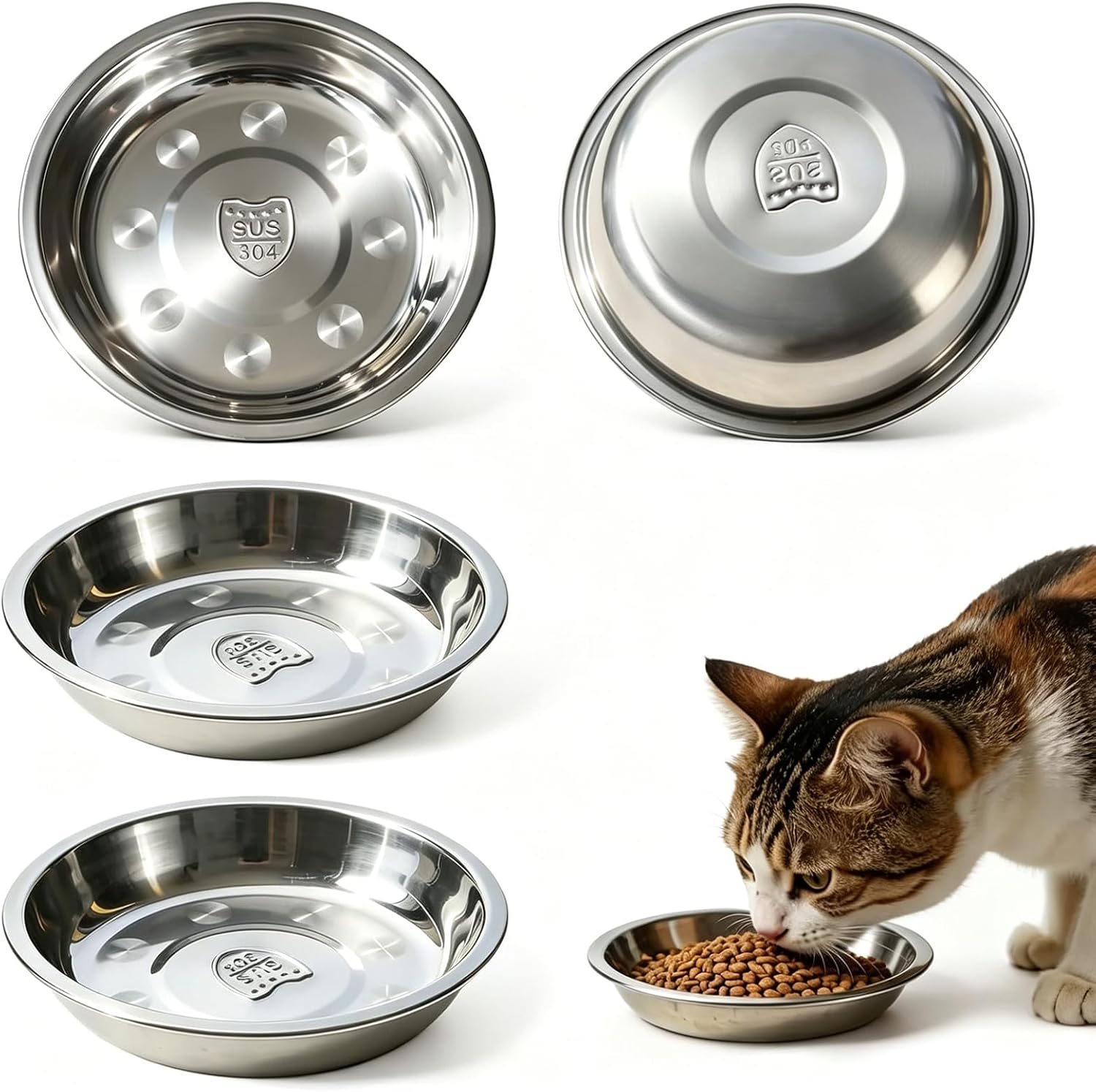 304 Stainless Steel Cat Bowls, 6.18" Pet Food and Water Bowl | Whisker-friendly Cat Bowl, Wide Shallow Design, Food Grade, 4 Pack Pet Feeding Bowls for Small to Medium Cats Dogs