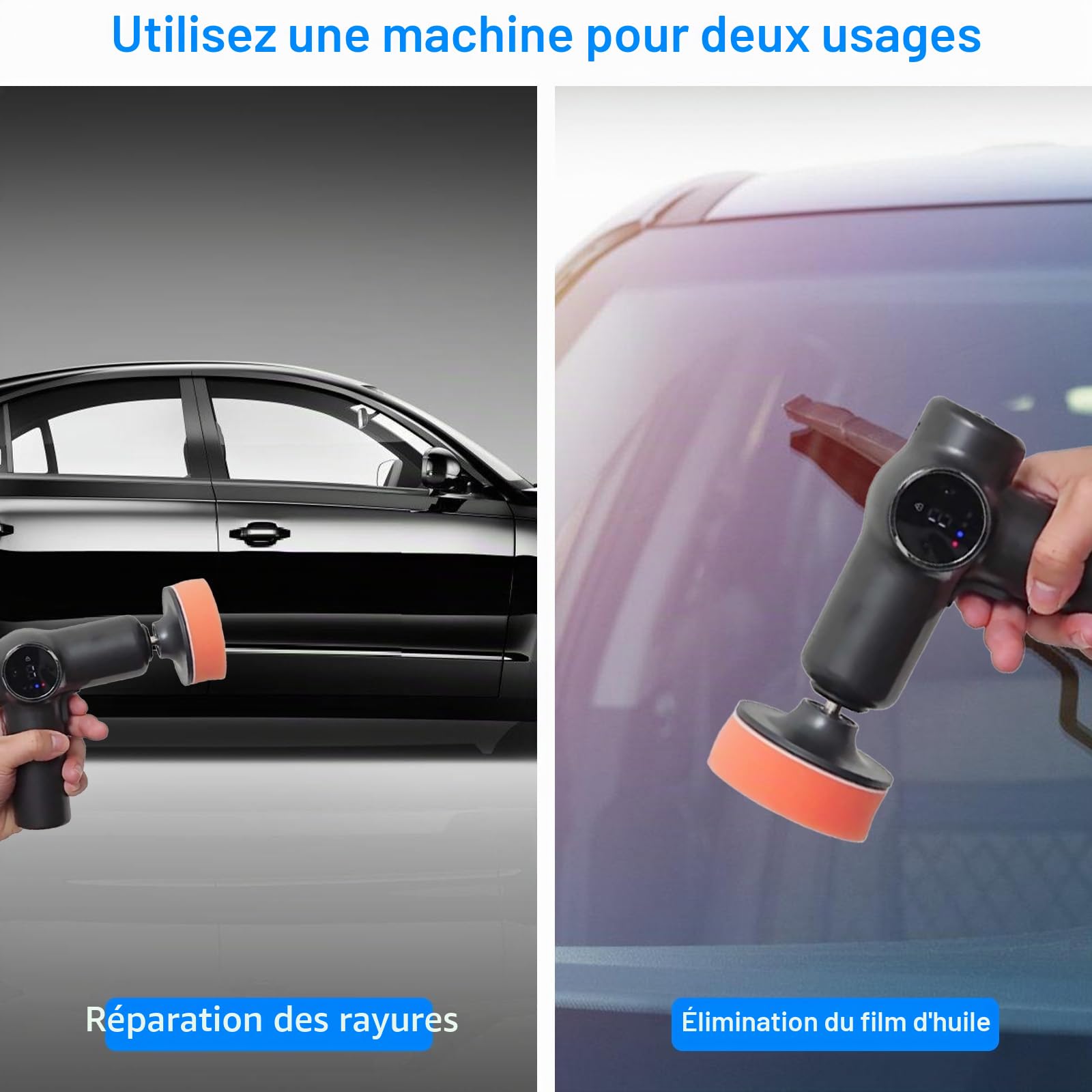 Polisseuse Auto Mini sur Batterie, Kit de Polissage Voiture 2x 2000 mAh + 2 Vitesses + 3 Pads de Polissage + Verrouillage, Polisseuse sans Fil Rechargeable pour Élimination Rayures, Cirage, Lustrage