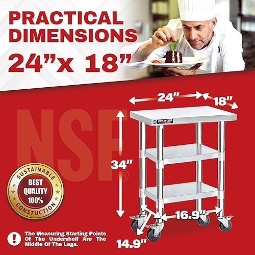 Miniatura 9 de DuraSteel Mesa de trabajo de acero inoxidable de 30 x 24 x 34 pulgadas de altura con 4 ruedas giratorias, mesa de trabajo de grado comercial