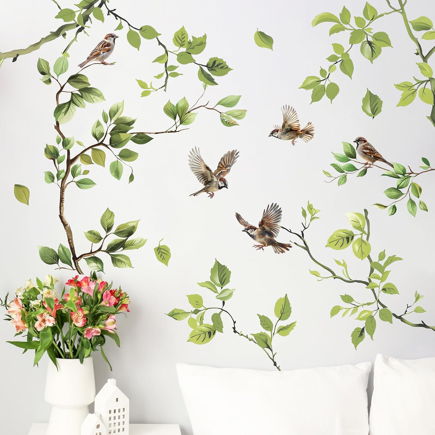 Mfault Branch Leaves Bird Wall Decals Stickers, Sparrow Plant Botanical Decorations Bedroom Art, Spring Summer Nature Home Living Room Kitchen Decor