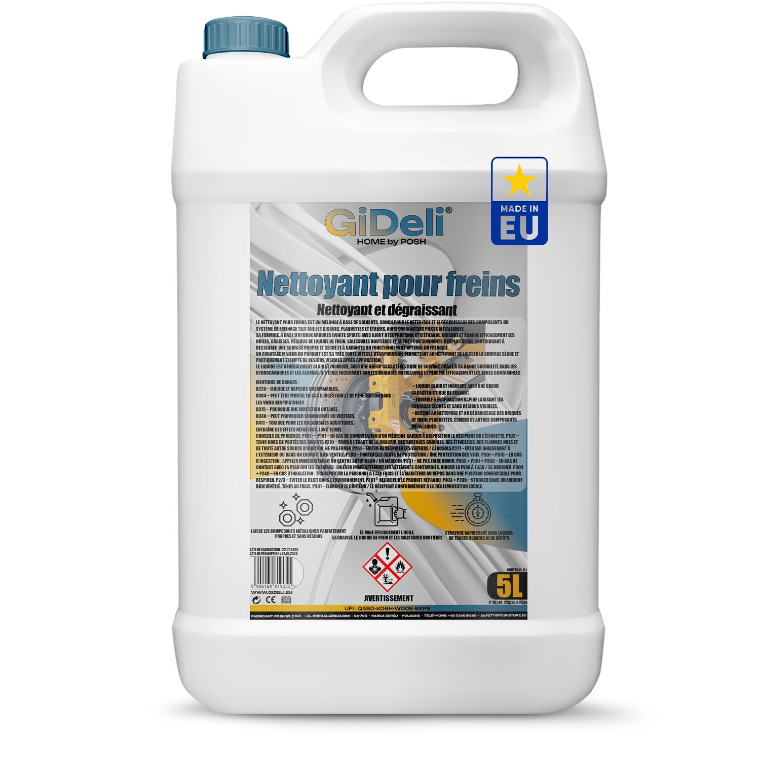 GiDeli Nettoyant pour freins - Bidon de 5 l - Pour voiture, moto et vélo - Élimine l'huile, la graisse, la poussière de frein, les résidus de colle - Dégraissant d'atelier, séchage rapide, sans