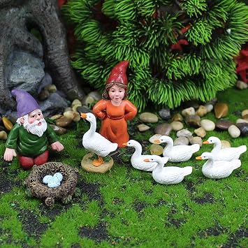 Fairy Tale Garden Accessories - Miniature Gnome Statue and Large White Goose Statue Set, 9 Pieces, Planter and Home Decoration