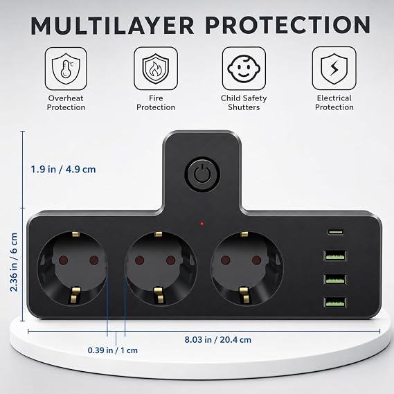 Astreon Akım Korumalı Çoklu Priz, 3 Adet USB 1 Adet Type-C Girişi, 3 Adet Priz Girişi, Termal Akım Korumalı, Hızlı Şarj Destekli, Tüm Elektronik Cihazlar İçin Kullanıma Uygun Çoklu Priz Şarj İstasyonu