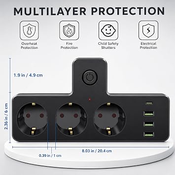 Astreon Akım Korumalı Çoklu Priz, 3 Adet USB 1 Adet Type-C Girişi, 3 Adet Priz Girişi, Termal Akım Korumalı, Hızlı Şarj Destekli, Tüm Elektronik Cihazlar İçin Kullanıma Uygun Çoklu Priz Şarj İstasyonu