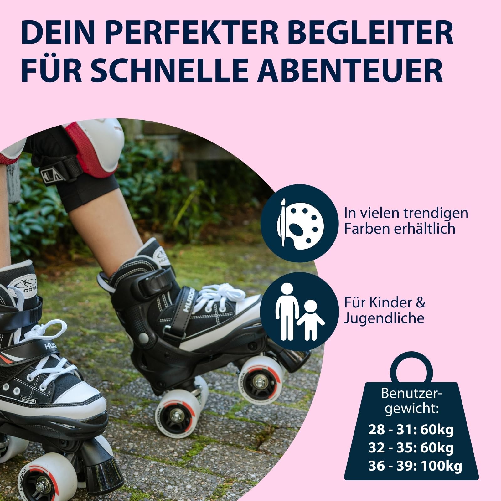 HUDORA Hochwertige Rollschuhe - Pink/Schwarz, Verstellbar, ABEC 3 Carbon-Kugellager, Nylonstiefel, Aluminium-Truck, Größe 32-35, Für Kinder & Jugendliche