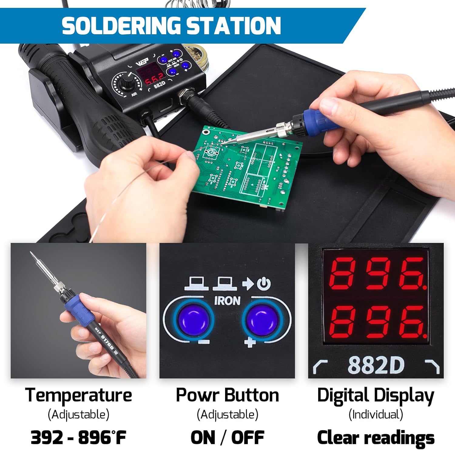 WEP 882D 2-IN-1 SMD Hot Air Rework Station Bundle with WEP M160 Silicone Soldering Mat 13.7x9.9 inches with 5 Soldering Tips, 3 Hot air nozzles, Solder Wire for Electronics Repair, DIY Projects
