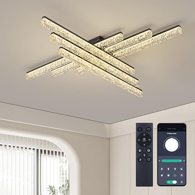Modern Dimmable LED Ceiling Lamp with Remote Control Near Ceiling Light 3120LM 120W Ceiling Lamp for Living Room, Bedroom, Kitchen, Black 43.3 Inch 6 Lights