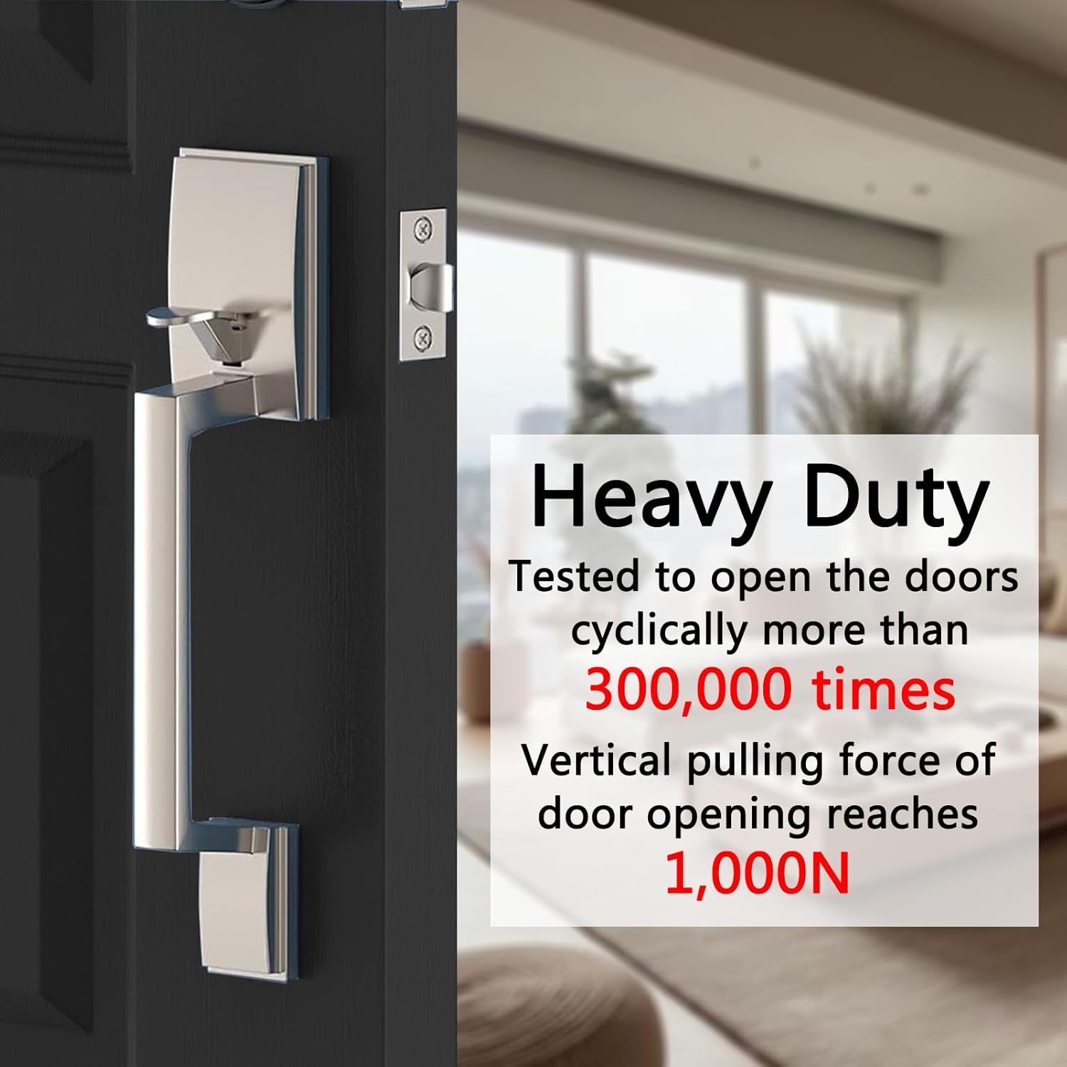 Front Door Handle Entry Door Lock Handle Set for Left or Right Handed Doors Reversible Interior Exterior Single Cylinder Lower Half Adjustable Lever Bright Brass Non-Locking (Silver)