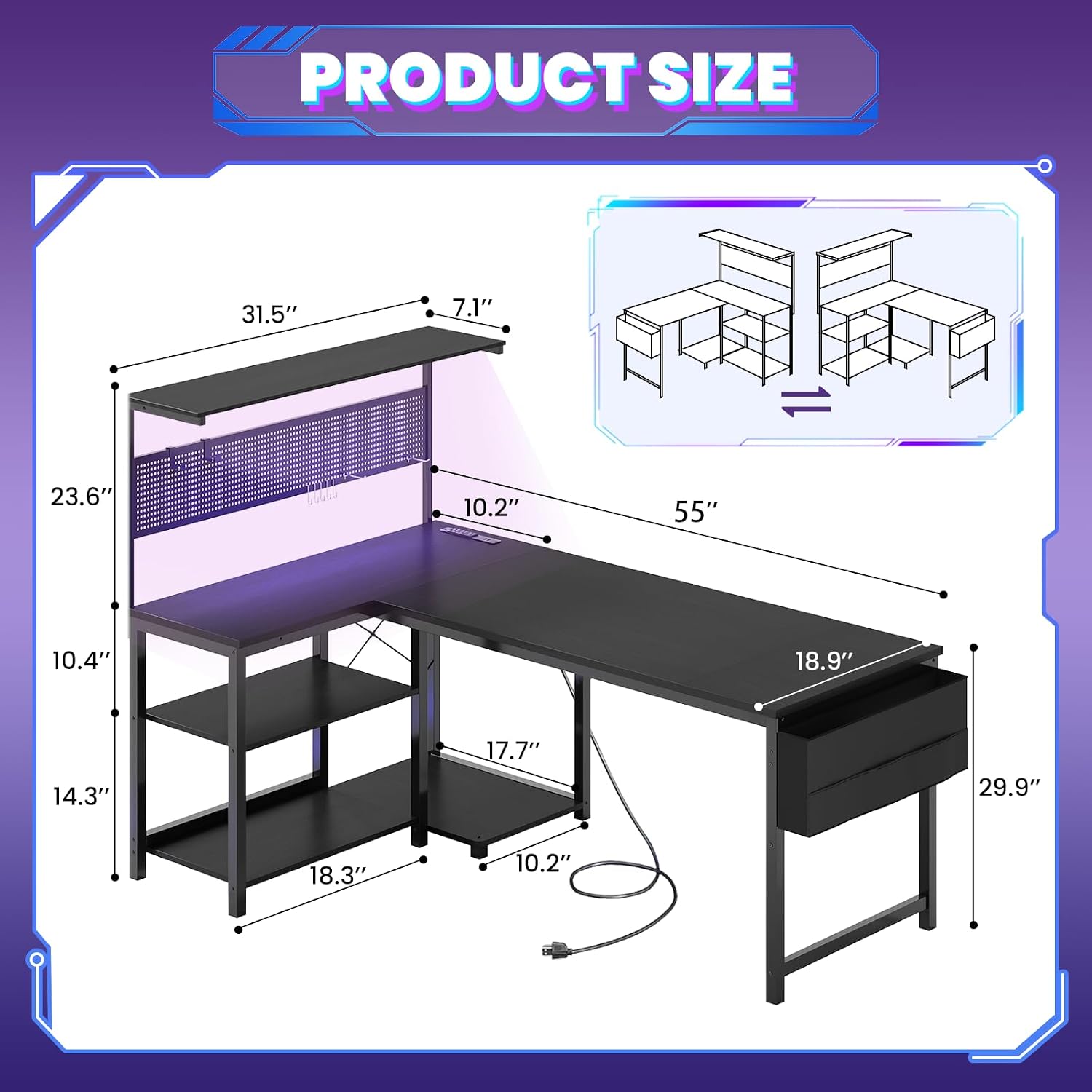 Apicizon L Shaped Desk Gaming Desk with LED Light & Power Outlet, 55 Inch Reversible Computer Desk with Pegboard & Shelf & Storage Bag for Home Office, Black
