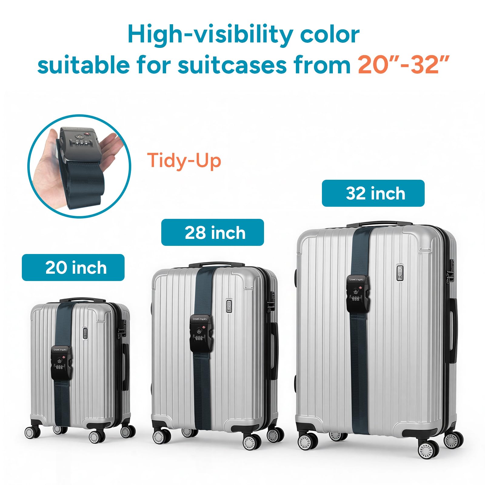 Travel Inspira Cinghie per bagagli con serratura a combinazione TSA, regolabili, facili da usare, proteggono il tuo bagaglio, blu navy