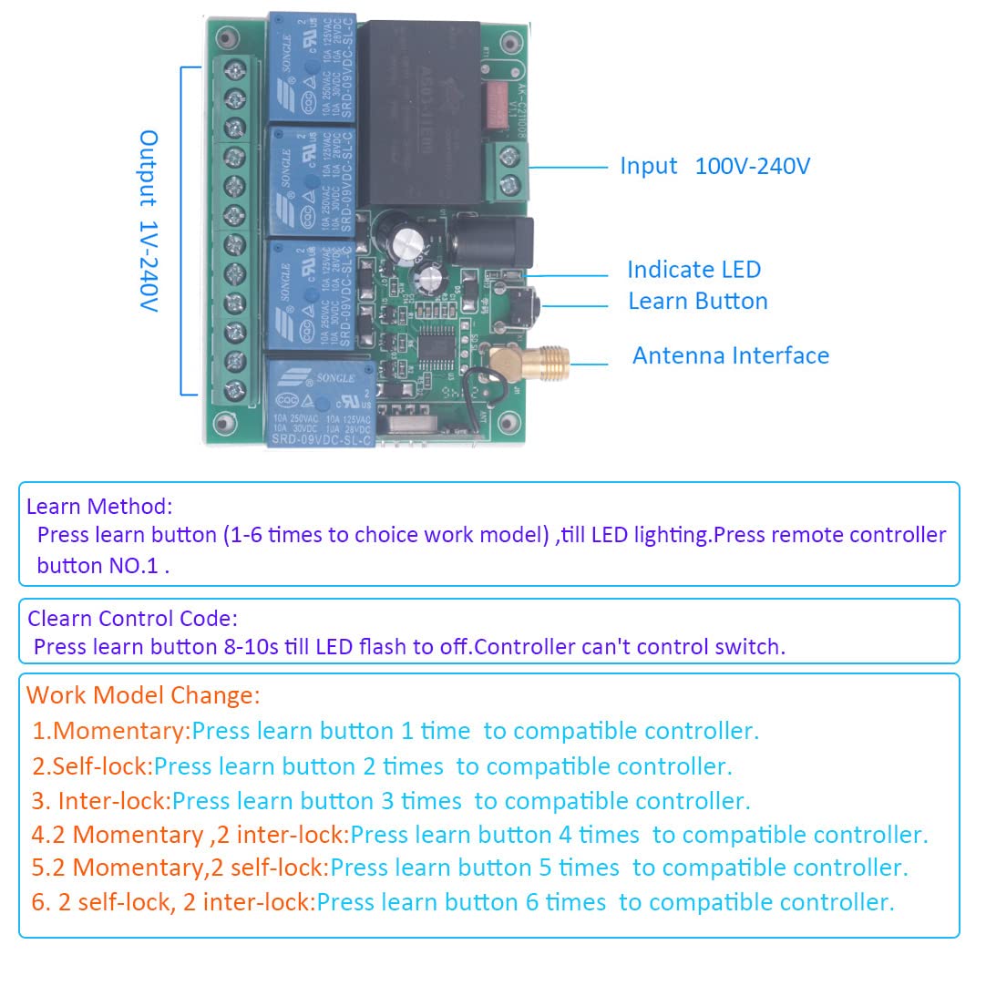 Interrupteur d’éclairage sans fil 220V 4CH sans câblage Apprendre le code Interrupteurs de relais de télécommande 85V-250V 220V 110V pour porte de garage légère (2 * Télécommande)