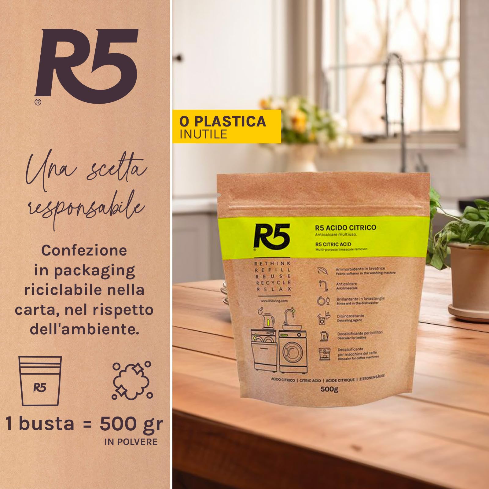 R5, Acide Citrique en Poudre, 1 kg, Détartrant Multi-usages, Détartrant, Produit de Rinçage et Adoucissant, Sans Odeur, Certifié Plastique Négatif, 2 Paquets de 500 g