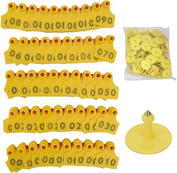Cattle Ear Tags for Cow Sheep Goat Pig Numbered 001-100, Yellow | Anti Dropping, TPU Livestock Ear Tags, Farm Animal Identification, 100 Pcs, 1.6 x 1.9 Inch