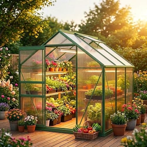 CABIHOME 6x6 ft Outdoor Greenhouse Kit, Heavy Duty Polycarbonate Greenhouse with Reinforced Aluminum Frame, Adjustable Roof Vent, Lockable Door & Quick-Connect System for All Seasons