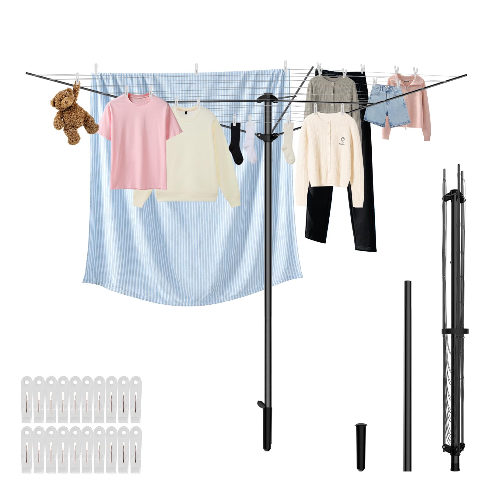 BAKON Heavy Duty Clothesline Outdoor, 30M Anti-Sag Drying Line Rustproof Wind Resistant Rotary Umbrella Drying Rack for Large Clothes, Bed Sheets for Backyard Patio RV Camping