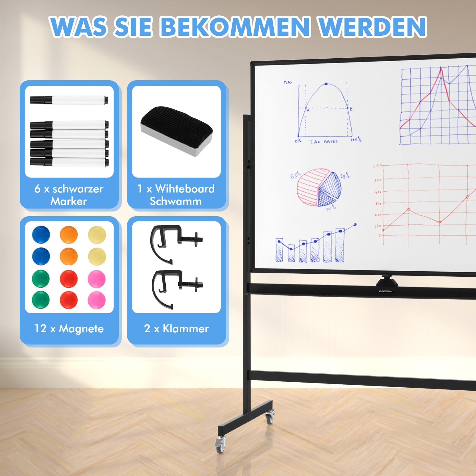 COSTWAY mobiles Whiteboard mit Ständer, 90 x 120 cm, Doppelseitige Magnettafel Höheverstellbar & 360° drehbar, magnetische Weißtafel mit Rollen, Whiteboard Abwischbar Beschreibar inkl. Zubehör