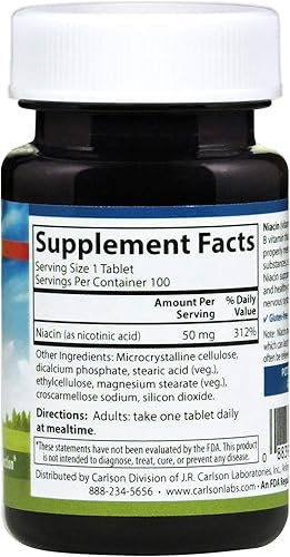 Miniatura 2 de Carlson - Niacina, 50 mg, apoya el metabolismo del colesterol, la producción de energía, la salud del corazón, la función nerviosa, 100 tabletas