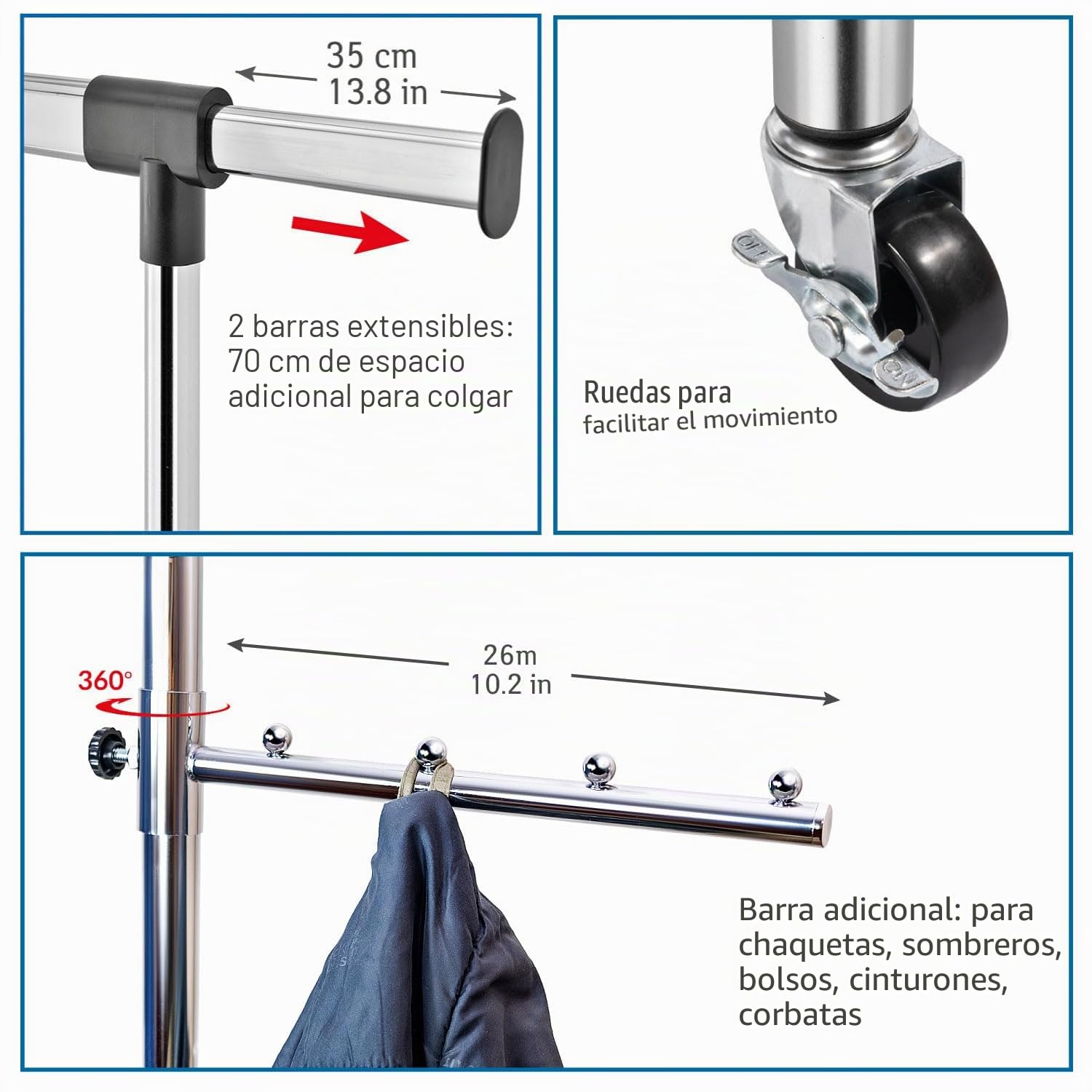 Tatkraft Falcon Perchero Grande con Ruedas de Acero Cromato, Perchero Burro Extensible, Regulable en Altura (137,5-187,5 cm) y Largo (106-179 cm), Fácil Montaje en 1 min