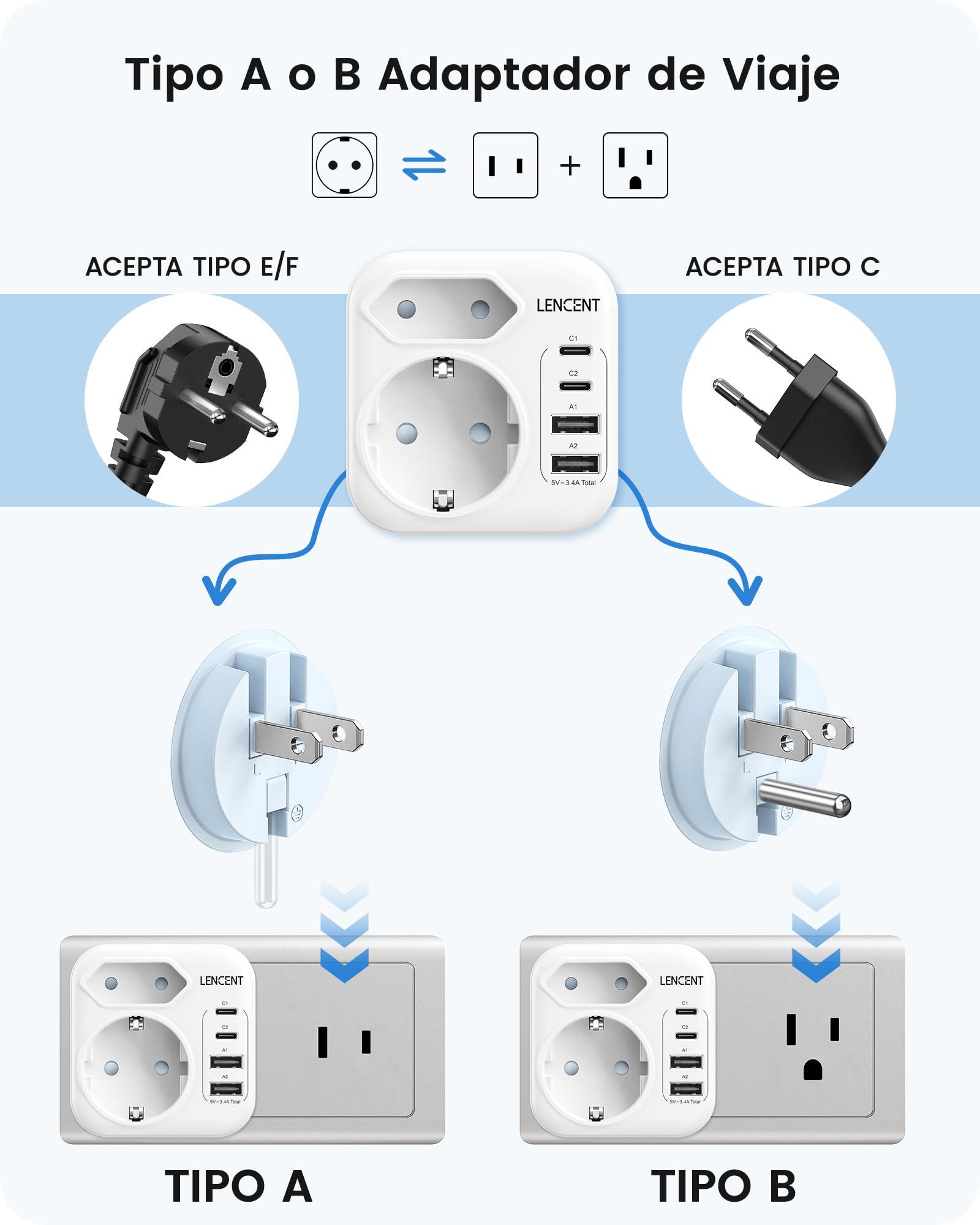 LENCENT Tipo A y Tipo B Combinación Adaptador Enchufe Plegable, Adaptador Corriente de Viaje para EE.UU., Canadá, México, Tailandia, Japón, Vietnam, República Dominicana, Costa Rica, Colombia — view 2