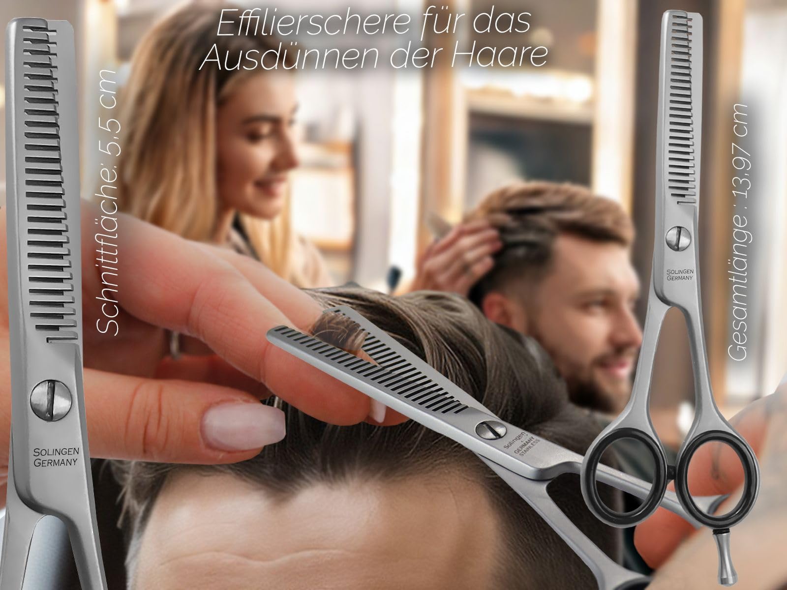 Effilierschere aus Solingen Haarschere Friseur Schere mit Scharfer Zweiseitiger Zahnung Made in Germany Haarschneideschere aus Hochwertigem Rostfreiem Edelstahl zum Ausdünnen der Haare (13,97 cm)