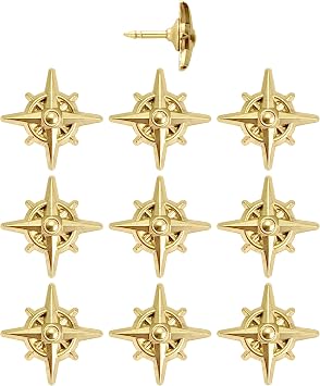 Compass Push Pins - Gold Metal Compass Rose Pins - for Cork Board, Maps, or Lapel Pin Use - Designed in USA - Set of 10