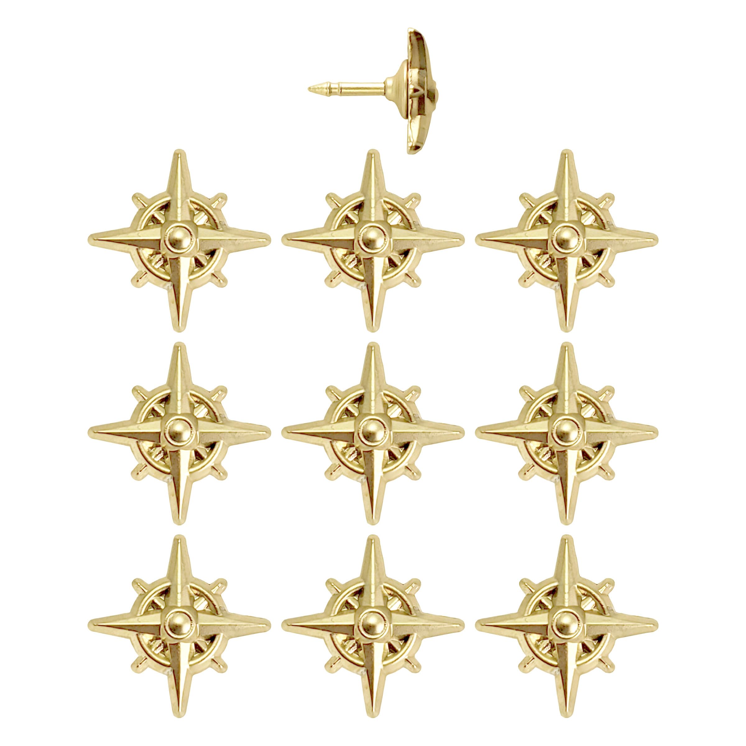 Compass Push Pins - Gold Metal Compass Rose Pins - for Cork Board, Maps, or Lapel Pin Use - Designed in USA - Set of 10