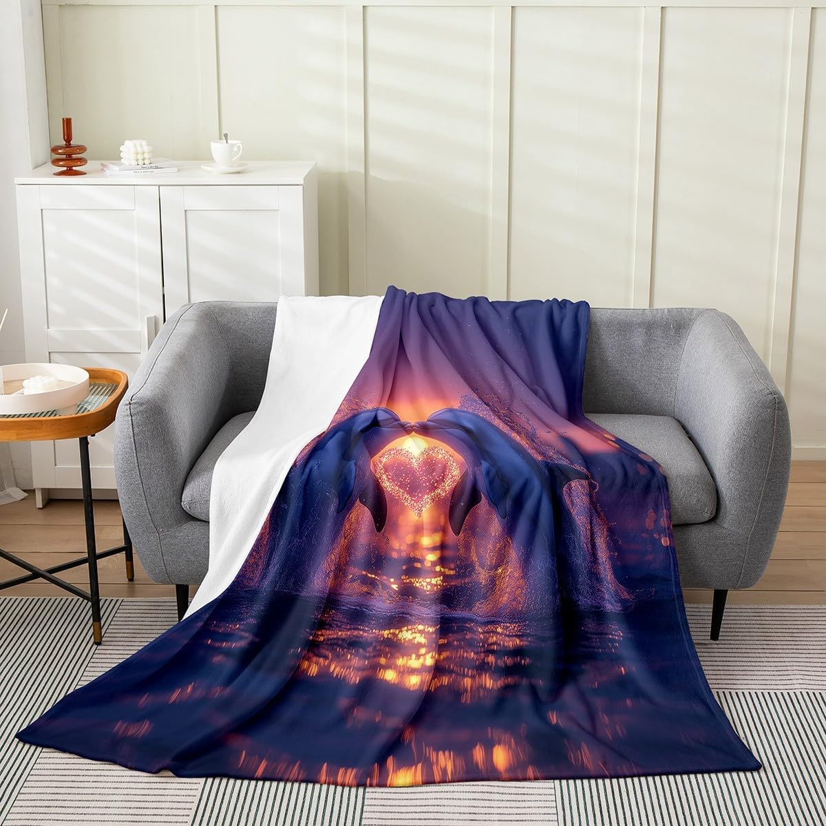 Couple Dolphin Kids Flannel Blanket,Sunset Ocean Waves Romantic Bed Blanket for Boys Girls,Marine Life Ocean Animal Fleece Blanket,Blue Pink Fuzzy Blanket,Queen Size (90 x 90 Inches)