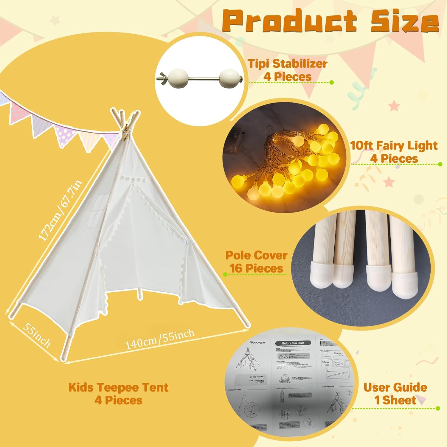 4 Pack Teepee Tent for Kids Slumber Party, Cotton Canvas Playhouse Sleepover Tent with Pompom for Girls & Boys Movie Night Holiday Party Supplies (White)