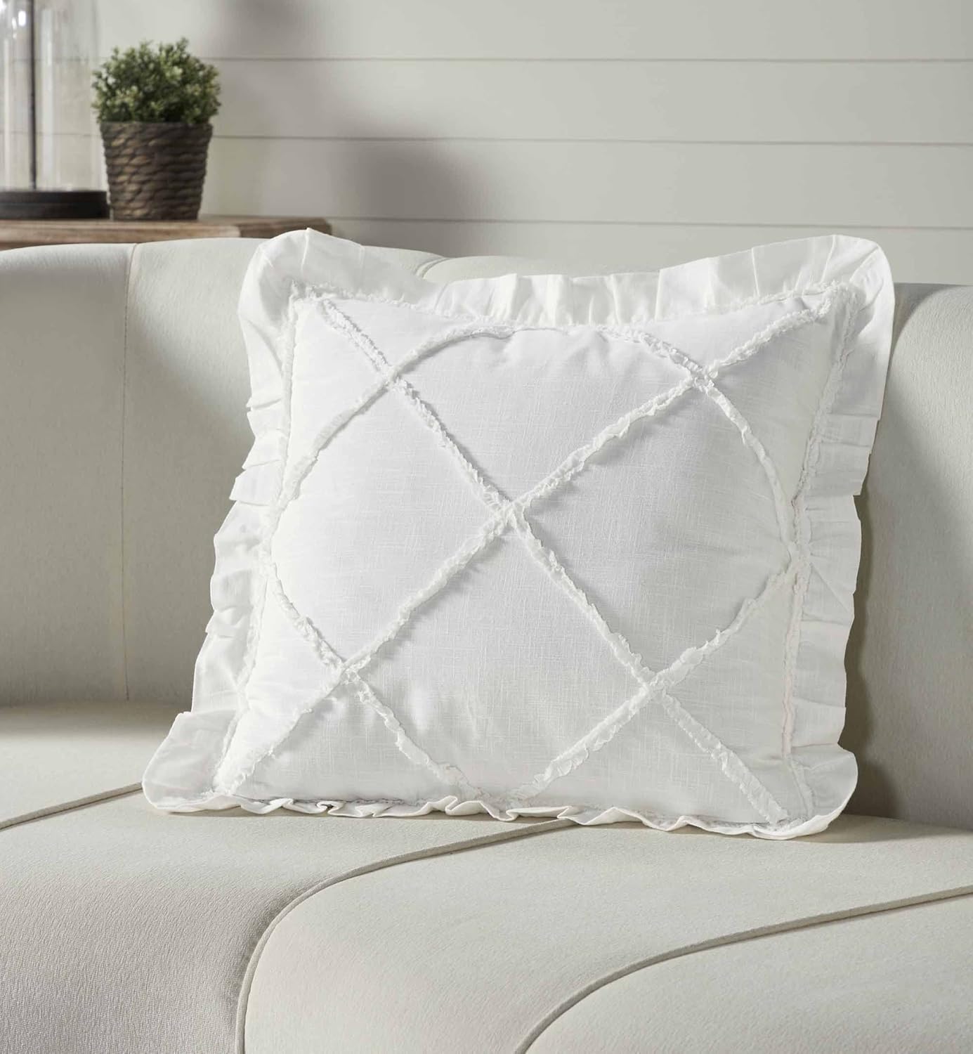 Piper Classics Kathryn Throw Pillow Cover, 20" x 20", Soft White Linen-Look Textured Fabric w/Diamond Shape Micro Ruffles, Vintage Farmhouse, Country Cottage Décor