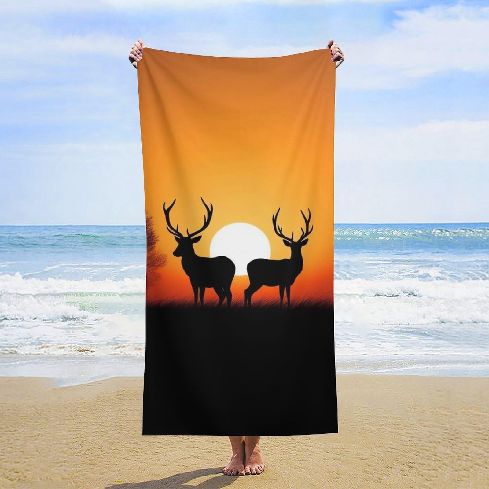 NTVOWPZO Nature Sunset Deer Beach Towel Oversized Microfiber Bath Towels Lightweight Sand Proof Beach Towels Absorbent Pool Towels for Swimming Yoga Bathroom Towel 31.5" X 63"