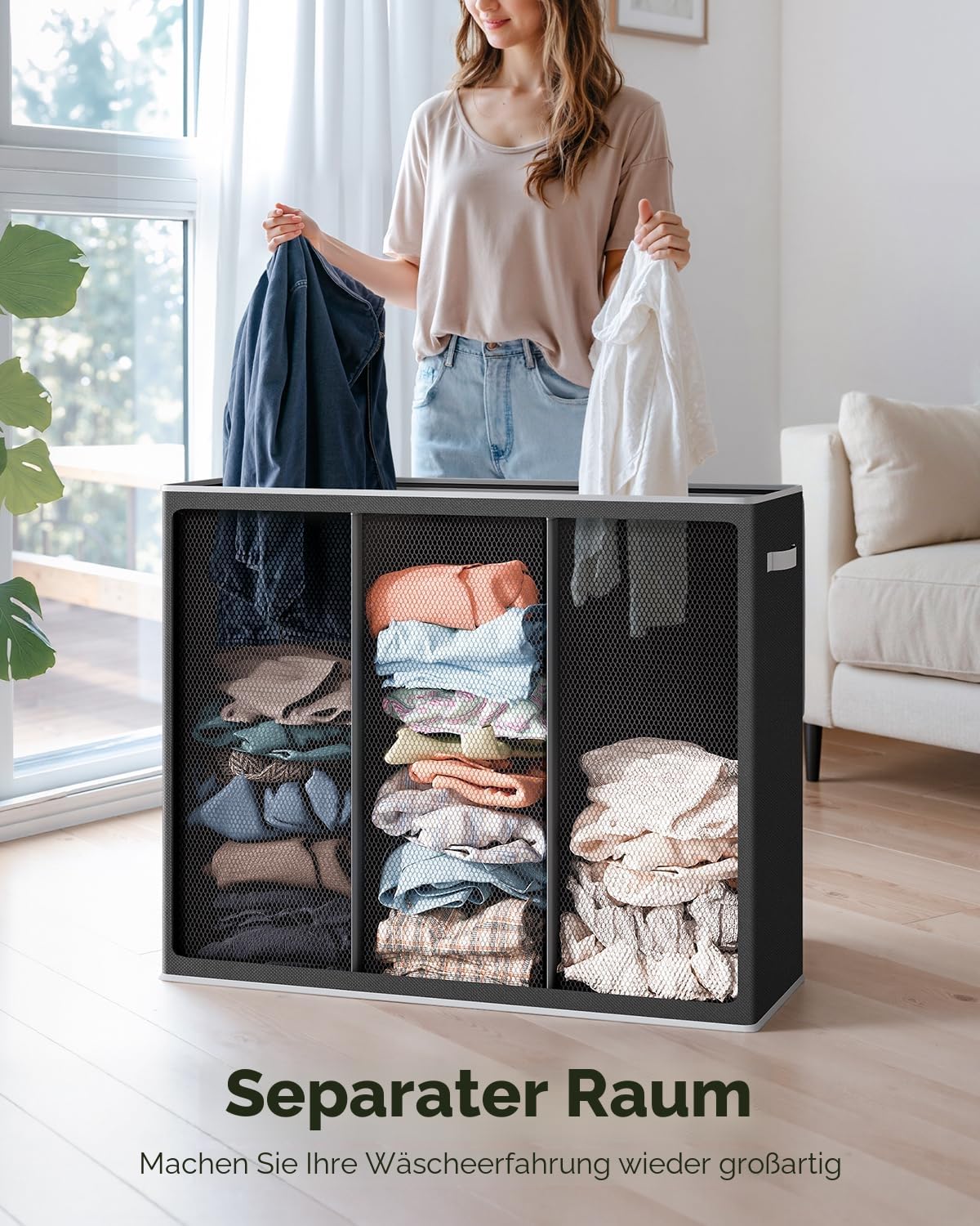 SOLEDI 180L Wäschekorb, Wäschesammler mit Deckel, 3 Fächer und 3 Wäschesack - Großer XXXL Wäschesortierer für Badezimmer, Schlafzimmer, Wäschekammer, Kinderzimmer - 3 x 60L