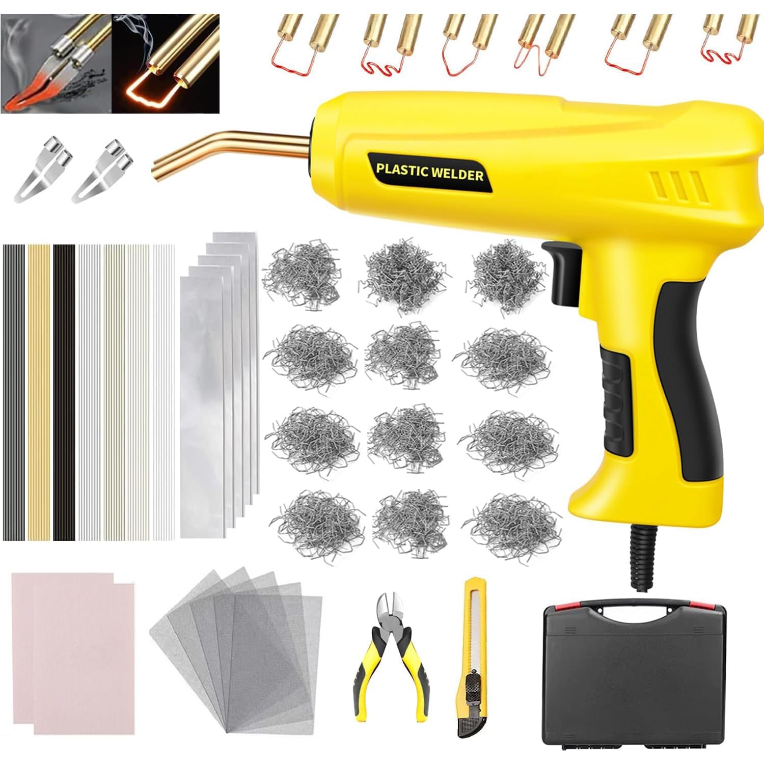 200W Soudage Plastique Machine avec 1000 PCS Agrafes et 56 bâtons de soudage, 2 en 1 Kit de Réparation de Pare-chocs de Voiture,Soudure en plastique pour pare-chocsvoiture/car pièces
