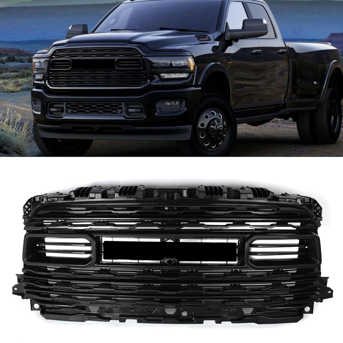 Front Bumper Upper Grille Compatible with 2020-2024 RAM 2500 3500 4500 Horizontal Billet Style w/Camera Hole Replace for 68516019AA