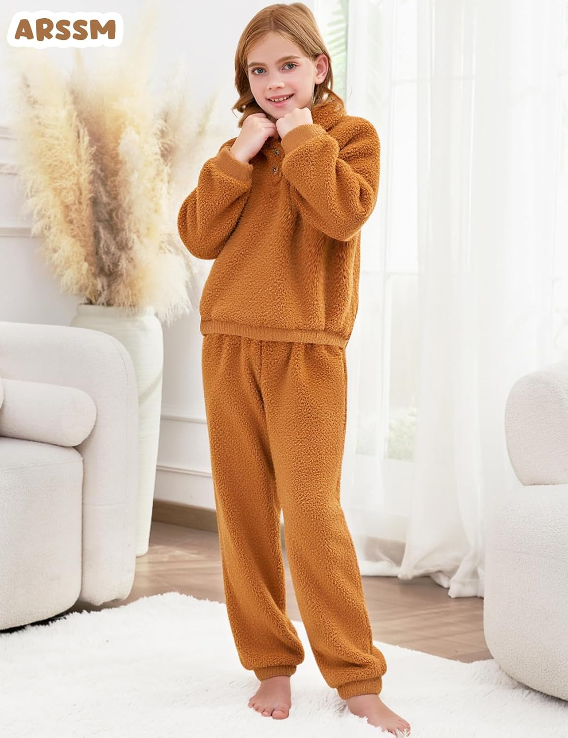 Arssm Girls Fuzzy Pants Set Bear Ear Fuzzy Hoodie Sweatshirt and Sweatpant Kids Clothing Sets