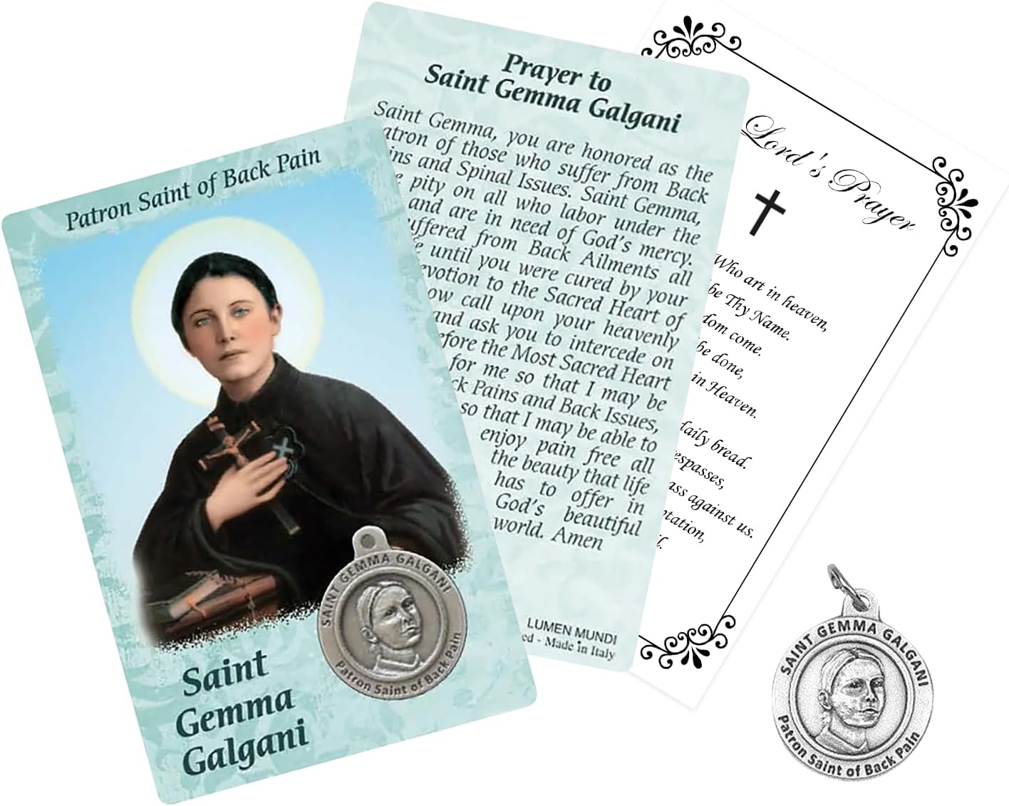 Trendzeen St Gemma Galgani Prayer Card - St Gemma Galgani Holy Card with Affixed Medal, Silver Tone St Gemma Galgani Medal, Our Father Prayer Card - St.Gemma Galgani Devotional Set, Total 3 Items