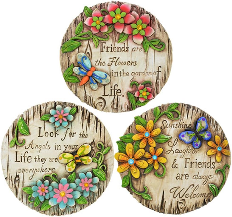 Spring Cement Stepping Stones with Inspirational Sayings and Sparkly Gemstones, 6" Inch (Set of 3)