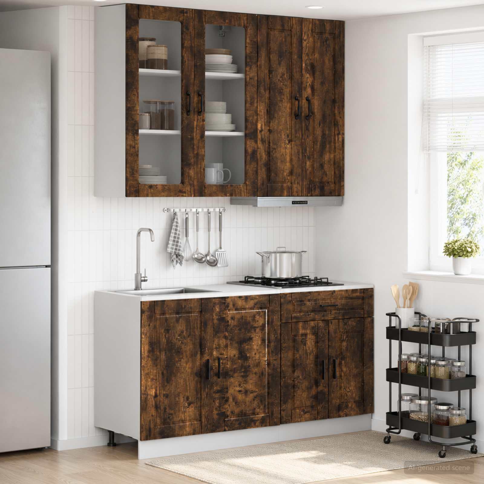 Küchenzeile Porto 4-teilig Küchenblock aus Holzwerkstoff in Räuchereiche Modulare Einbauküche mit Unterschrank und Hängeschrank für kleine Küchen