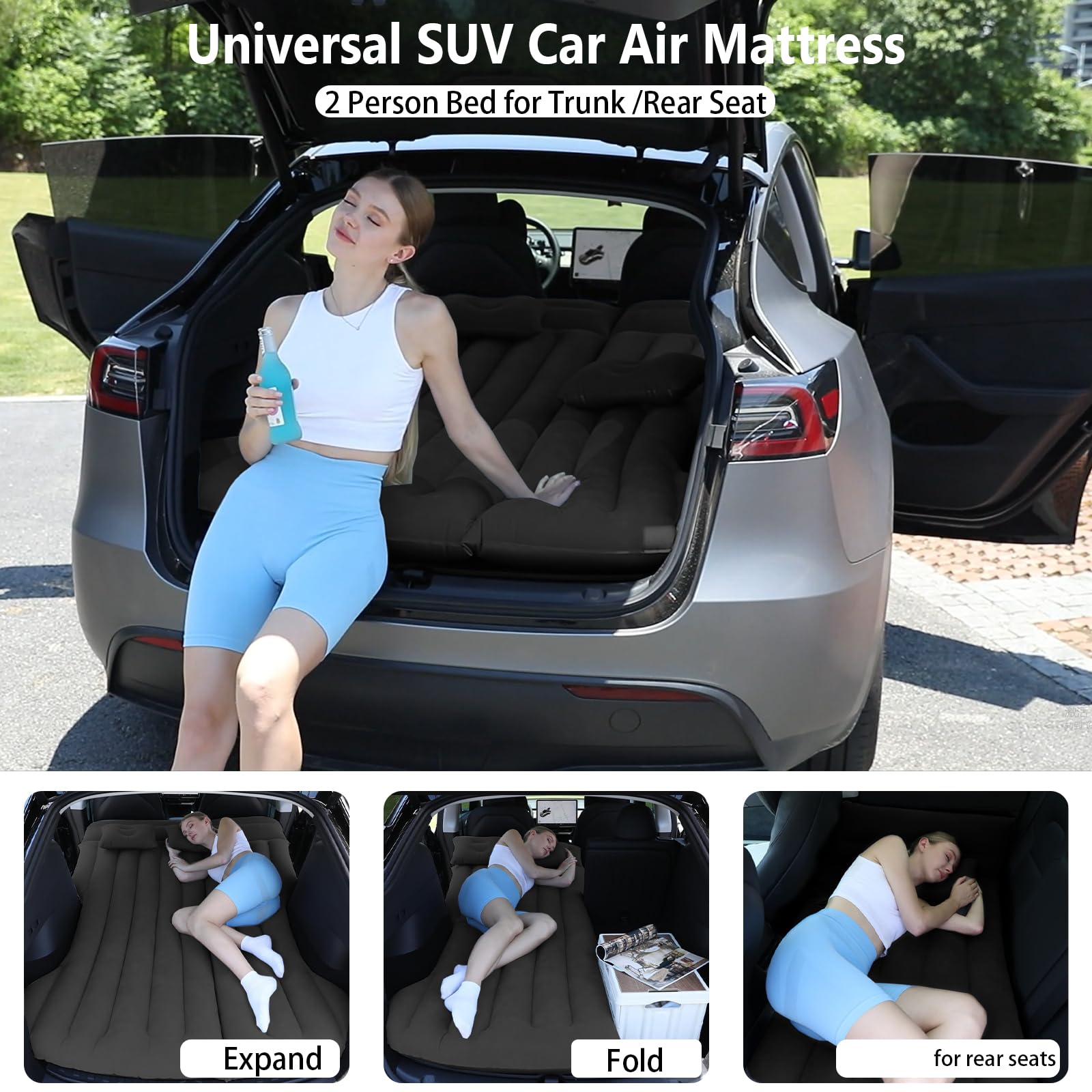 Car Air Mattress, Inflatable Bed Compatible with Tesla Model Y, Thickened Comfortable Durable, with Pump and 2 Pillow, Foldable Mattress for Trunk/Rear Seat, Air Bed for Sleep Camping Travel (Black)