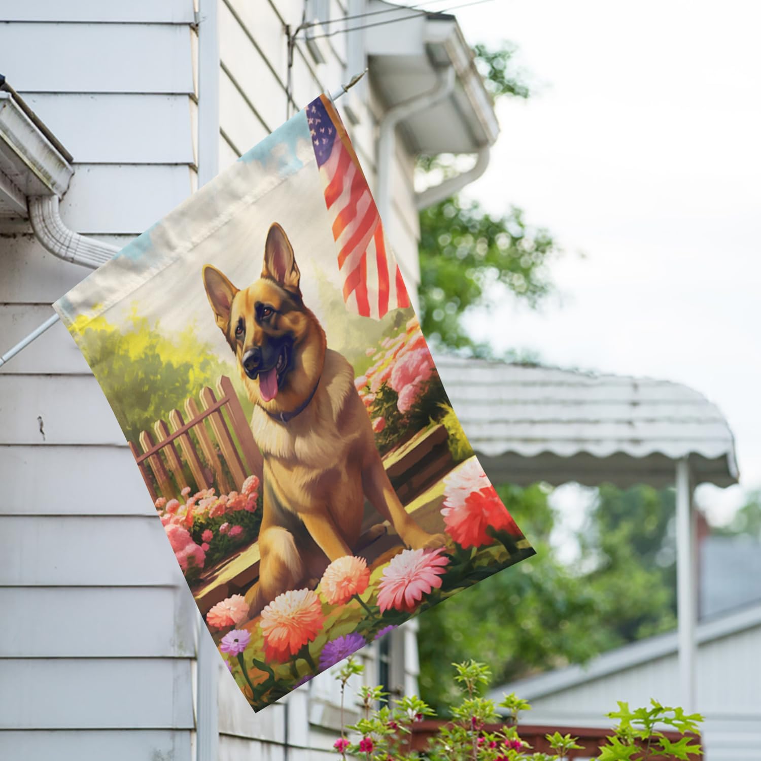 America Forever Spring Summer German Shepherd Dog House Flag 28 x 40 inch Double Sided Patriotic Floral for Outdoor Flag Yard Decoration